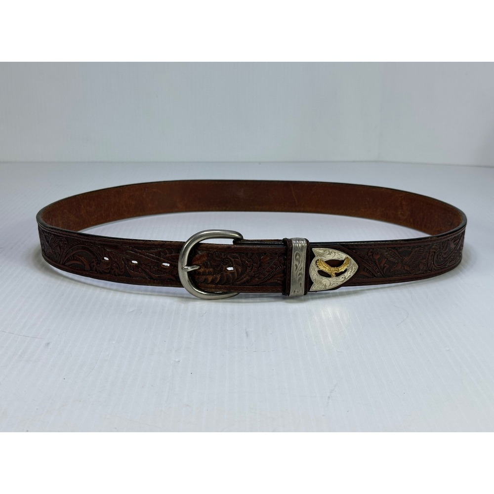 VTG Brown Tooled Leather Western Eagle Belt Silver Gold Tone Hardware Size 36
